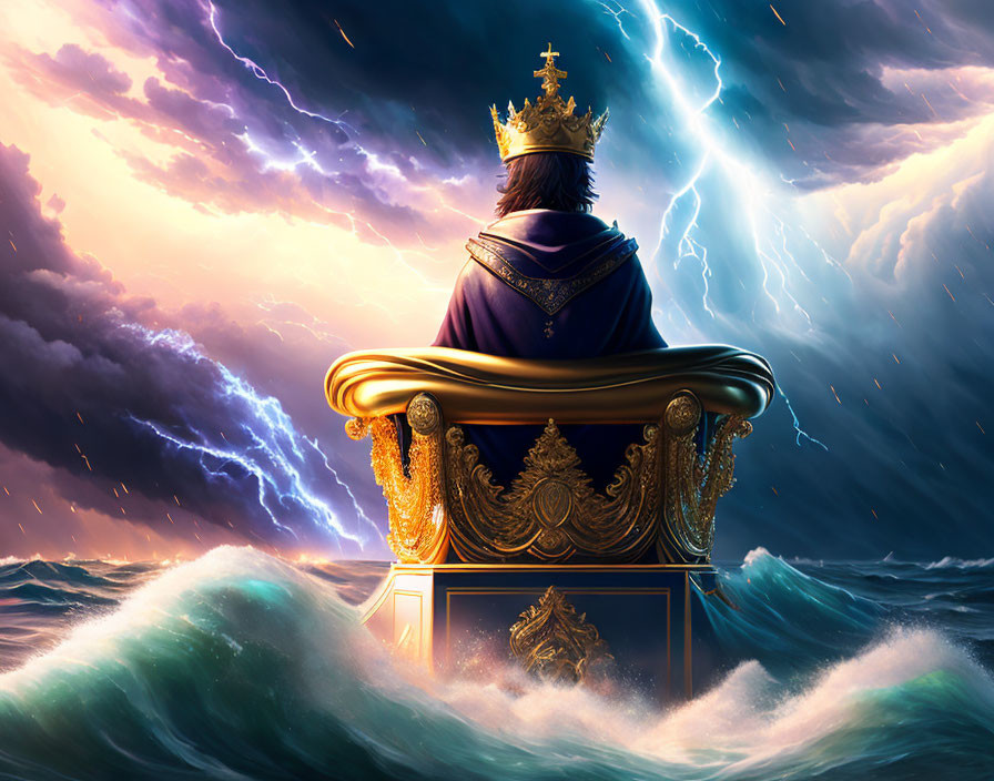 Regal figure on golden throne in stormy ocean scene