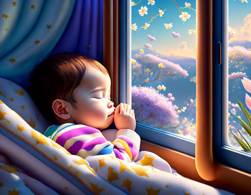 Peaceful baby sleeping near window under starry night sky and blooming trees.