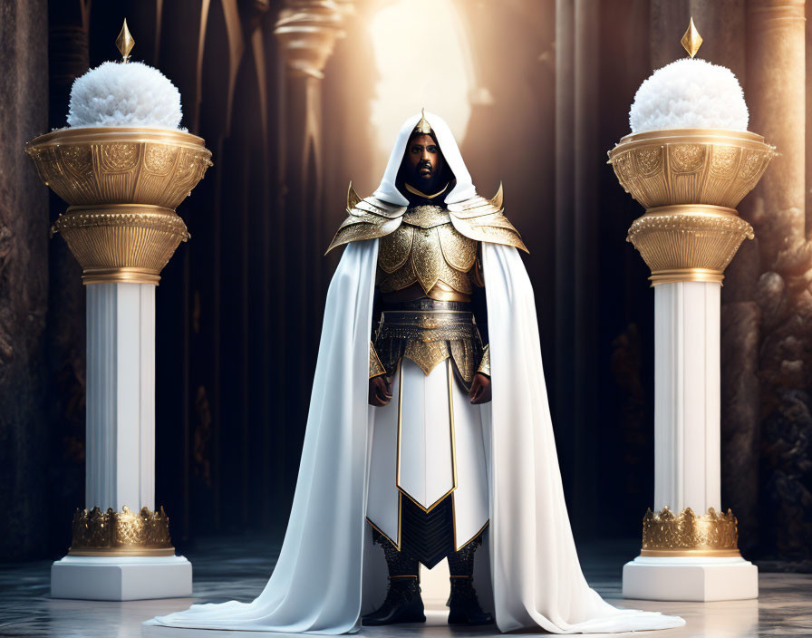 Majestic figure in golden armor between large urns in luxurious hall