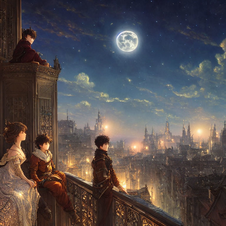 Four individuals on balcony overlooking fantastical cityscape at night