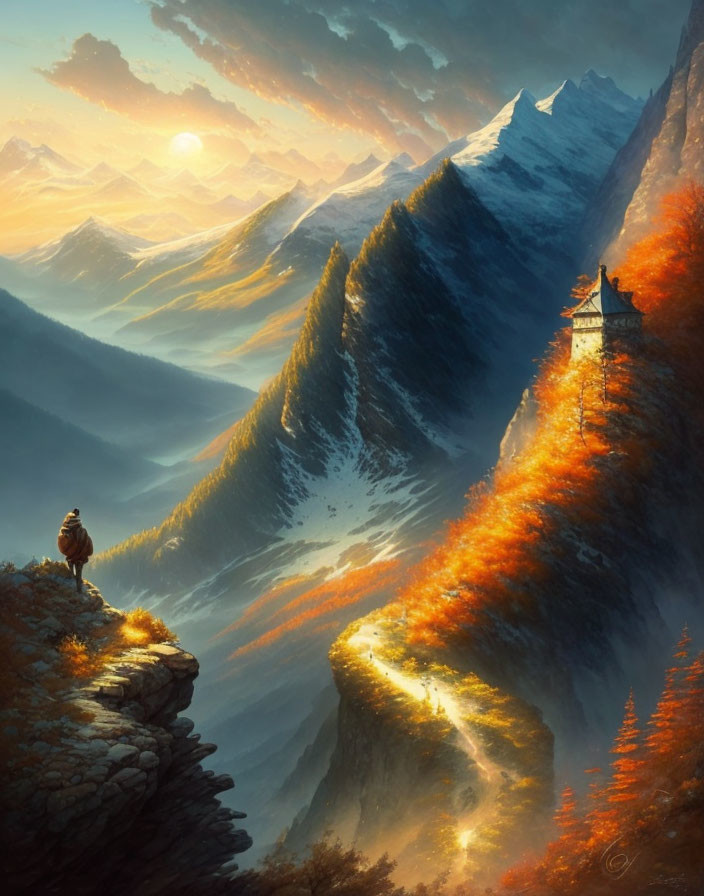 Person on Cliff Overlooking Mountain Landscape at Sunset