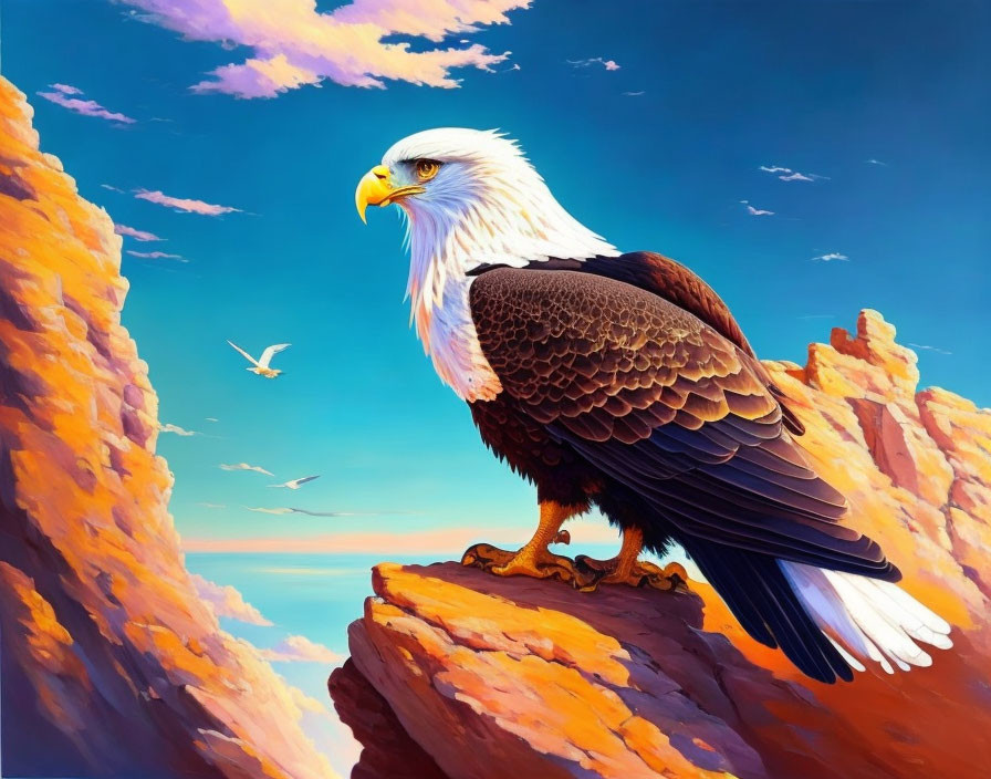 Majestic bald eagle on rocky outcrop with blue sky and cliffs