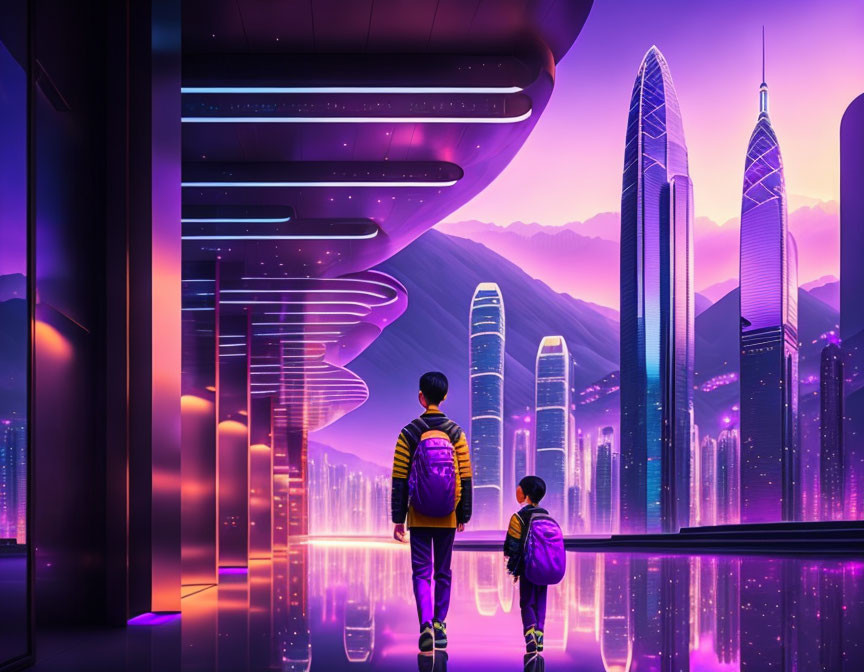 Children admiring futuristic cityscape with neon lights.