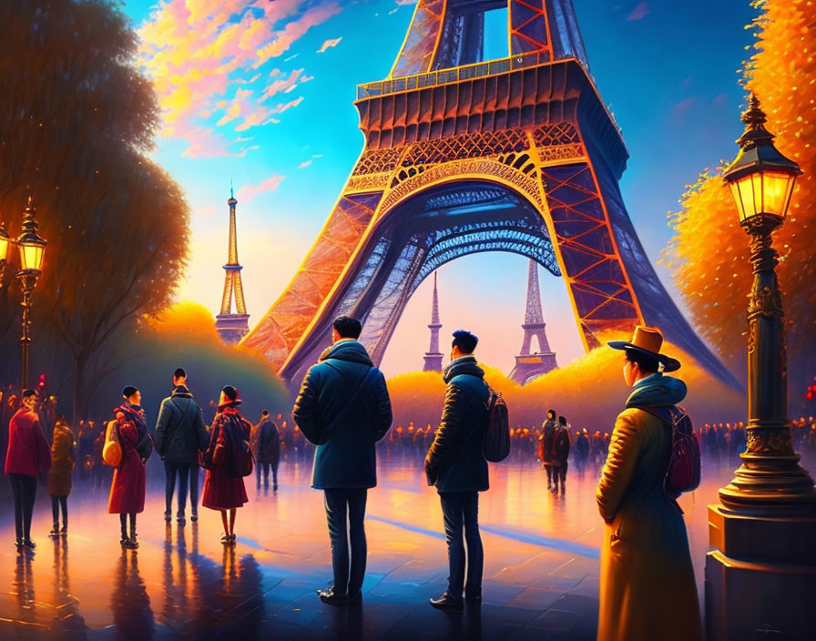 Colorful artwork of people admiring Eiffel Tower in autumn evening