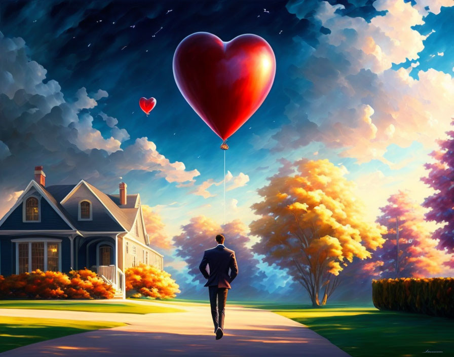 Man in suit with heart-shaped balloon near house under vibrant sky