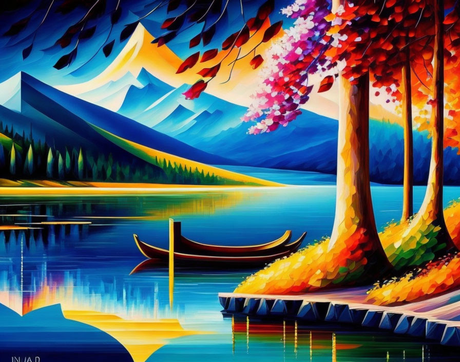 Colorful landscape painting: serene lake, boats, autumn trees, mountain, dynamic sky