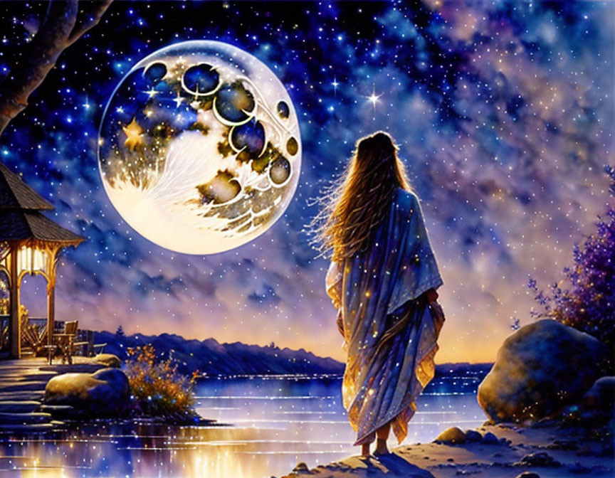 Woman in draped garment gazes at large moon by lakeside with gazebo.