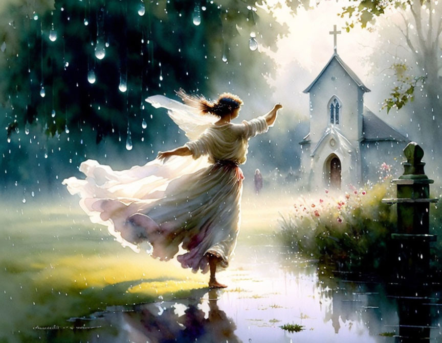 Serene angelic figure in white gown near small church on sunlit meadow