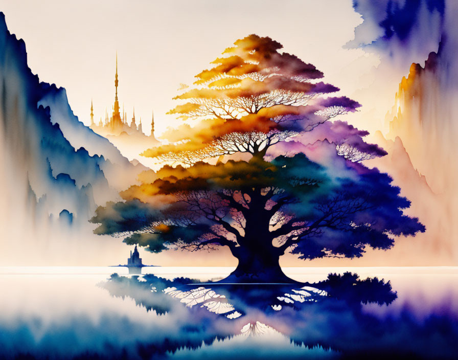 Colorful Watercolor Painting of Solitary Tree Mirrored in Water