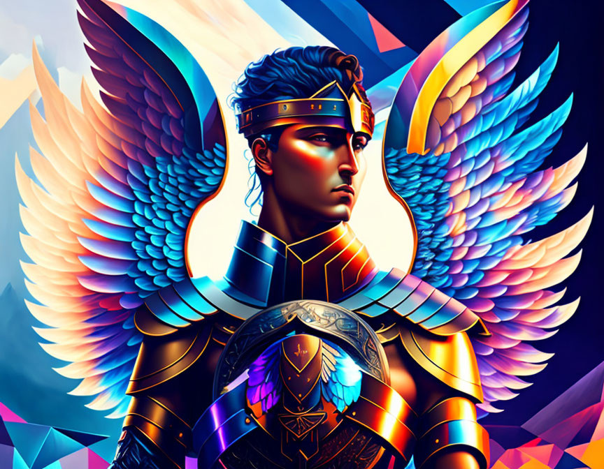 Colorful digital artwork of a person in golden winged helmet and armor, with multicolored wings