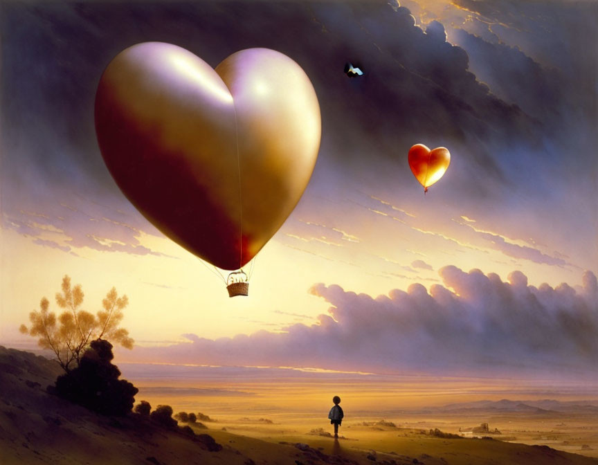 Surreal painting of person watching heart-shaped hot air balloons at sunset