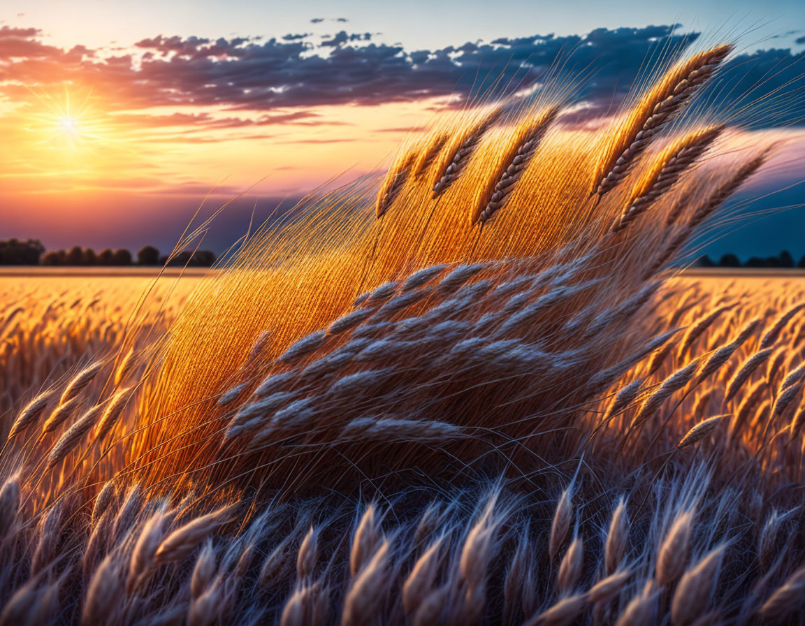 Sunset over golden wheat field with sunbeams and swaying wheat ears