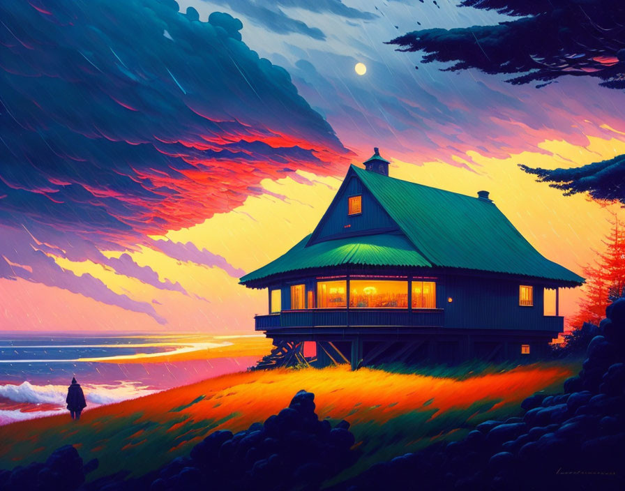 Colorful artwork: Person near lit seaside house at sunset