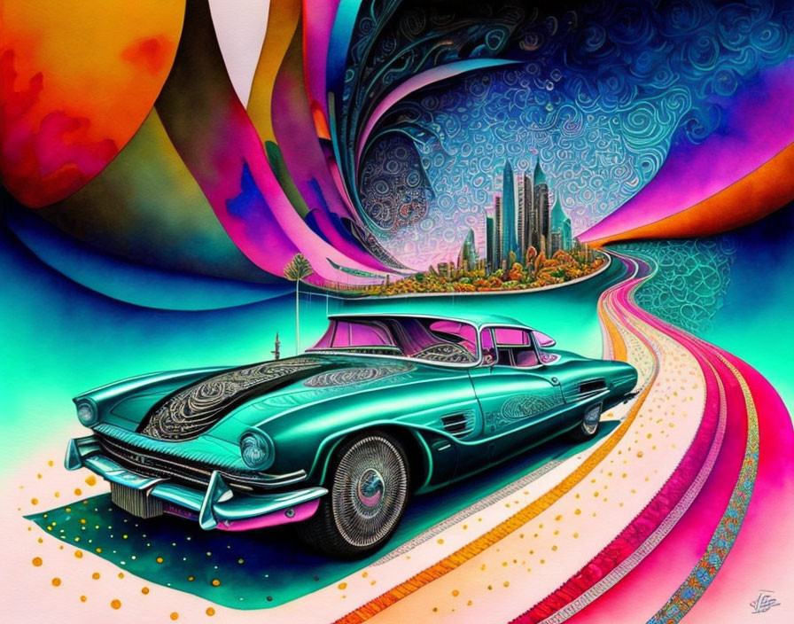 Vibrant digital artwork: teal car on psychedelic road