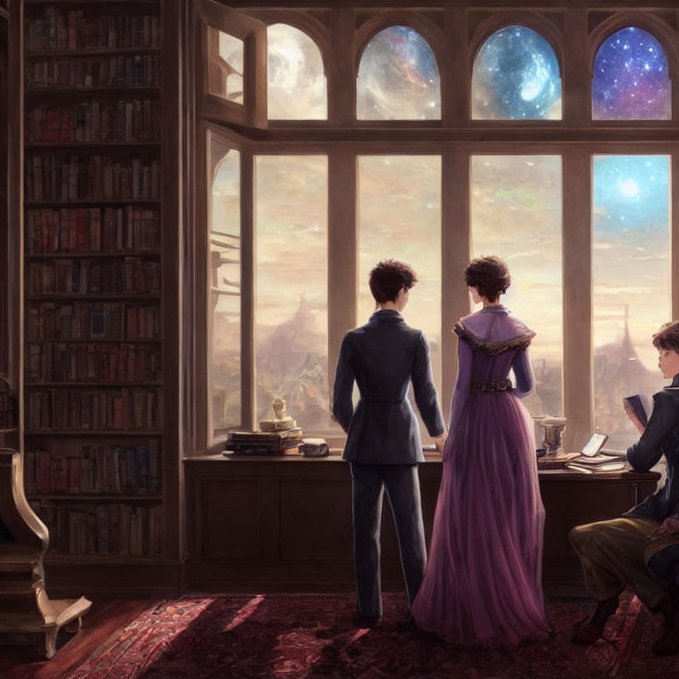 Two people by a window in a room with books and a fantastical cityscape view