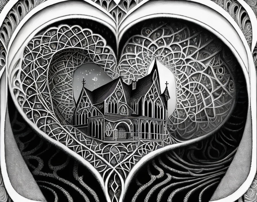 Monochrome gothic church in heart-shaped frame with lace-like patterns