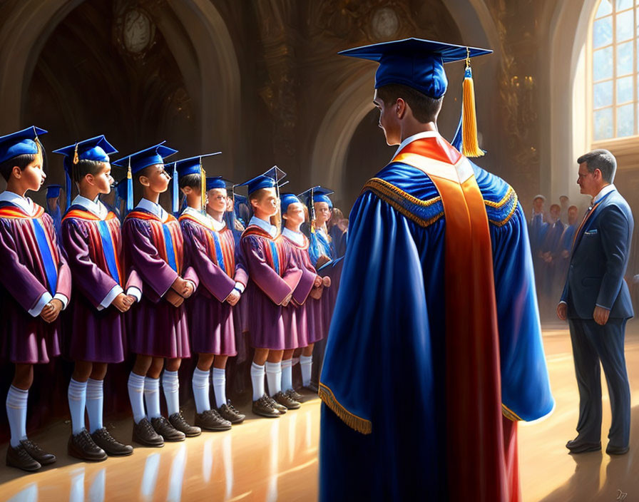 Students in Purple Robes at Formal Graduation Ceremony