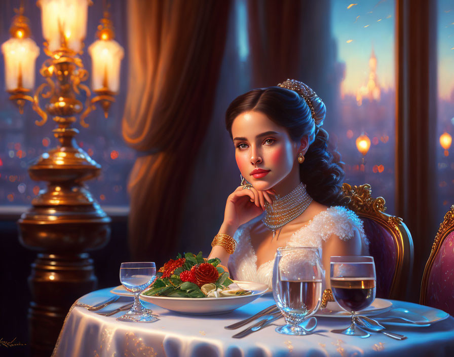 Sophisticated woman in formal attire at dining table with cityscape view and warm candlelight.