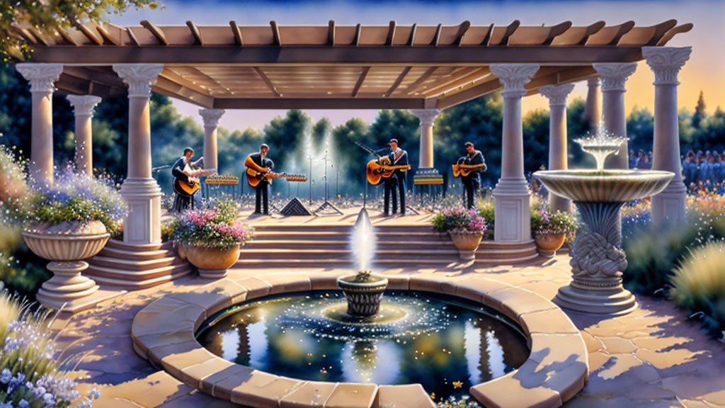 Musicians performing under a gazebo at twilight surrounded by lush flowers and water fountain