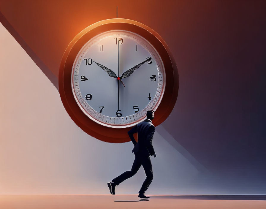 Man in Suit Carrying Wall Clock on Back Against Gradient Background