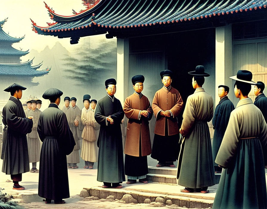 Traditional East Asian men in conversation in historical courtyard.