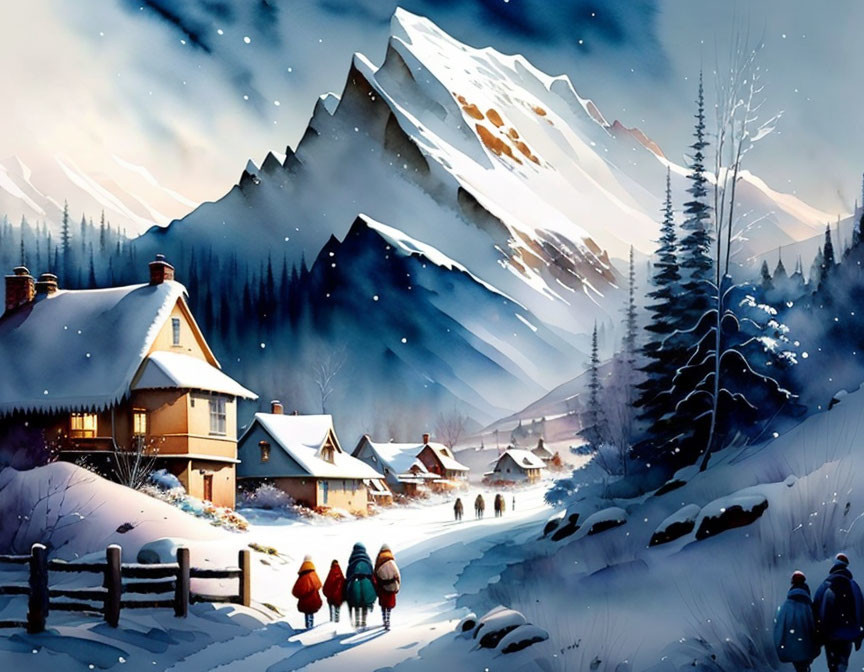 Snowy Winter Scene: People Walking to Cozy Houses Amidst Mountains