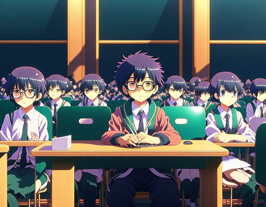 Anime-style classroom scene with students at laptops and a standout character in glasses.