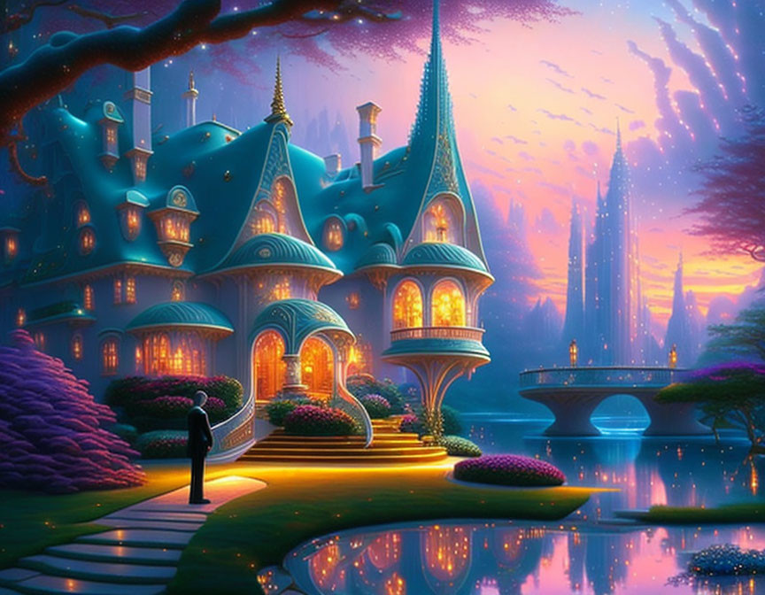 Illustration of person at enchanting mansion in twilight garden