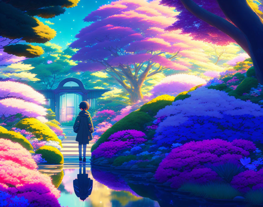 Person Contemplating Magical Gate Surrounded by Colorful Trees