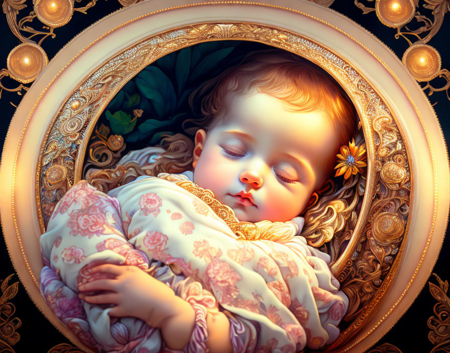 Digital artwork: Sleeping infant in ornate golden frame with flower