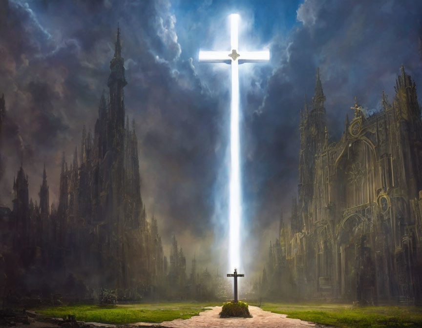 Radiant cross illuminated by heavenly light in front of gothic cathedral under stormy sky