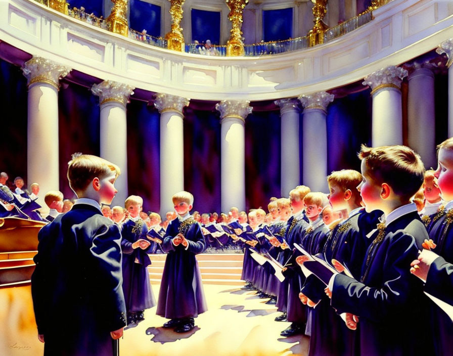 Boys' choir in dark robes on stage with grandiose columns