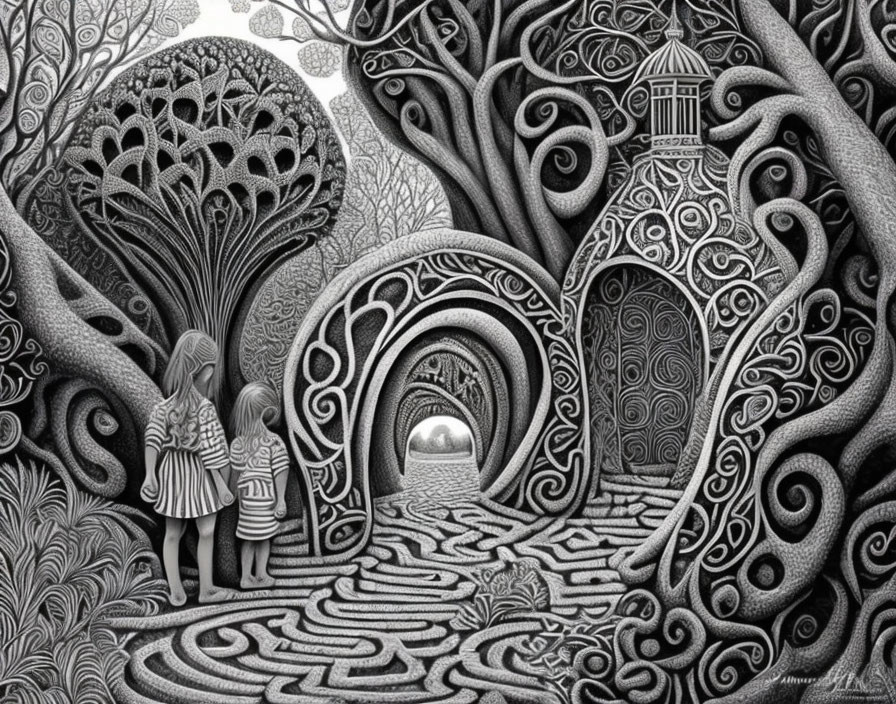 Monochrome illustration of children in whimsical forest