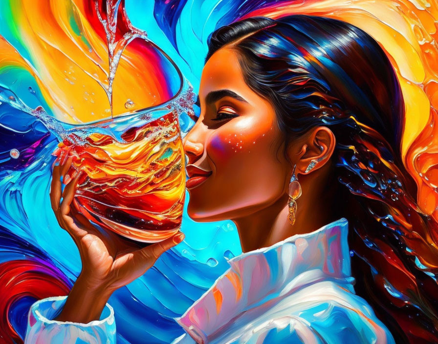 Colorful painting of woman with liquid splash against vibrant swirls