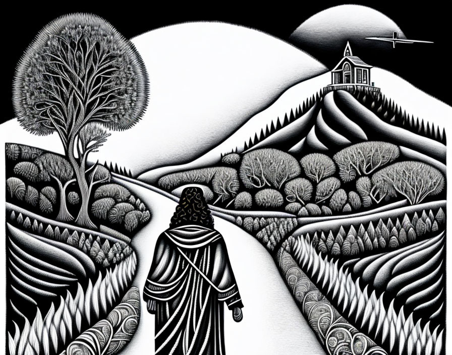 Monochromatic illustration of person in cloak gazing at house on hill amid textured landscape