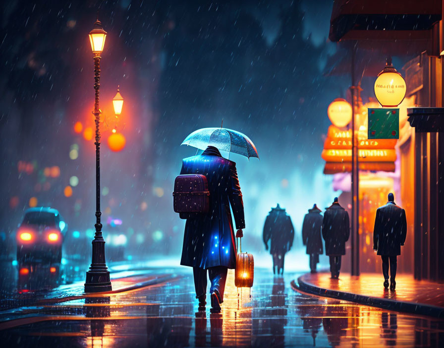 Pedestrian with umbrella in rainy city night scene.