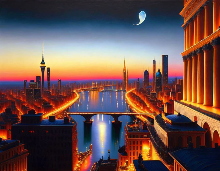 Futuristic cityscape at dusk with illuminated buildings and river