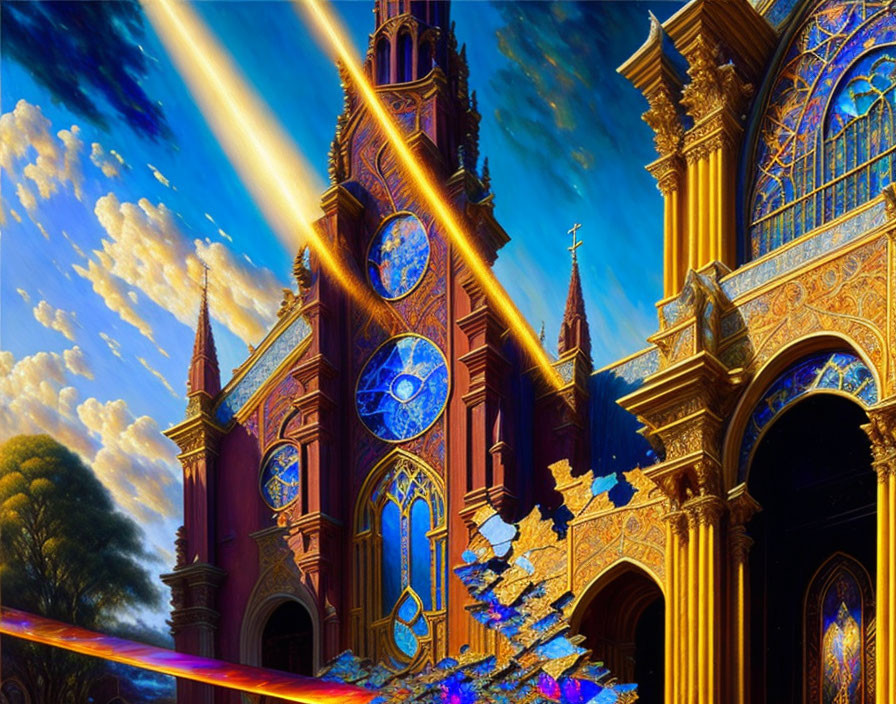 Illustration: Vibrant Gothic cathedral with golden light, blue stained-glass windows, and mystical beam