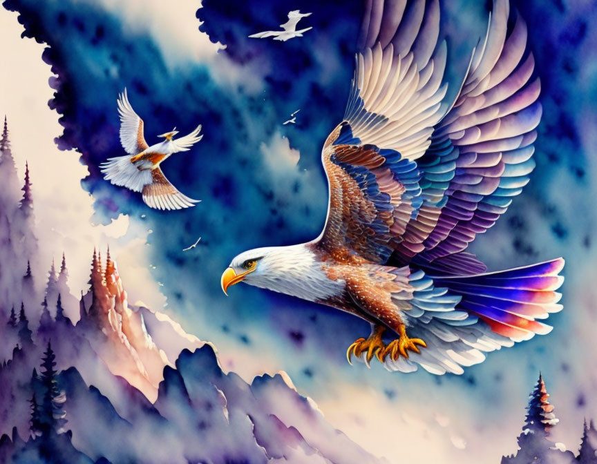 Colorful eagle soaring above misty mountains with smaller birds in serene sky