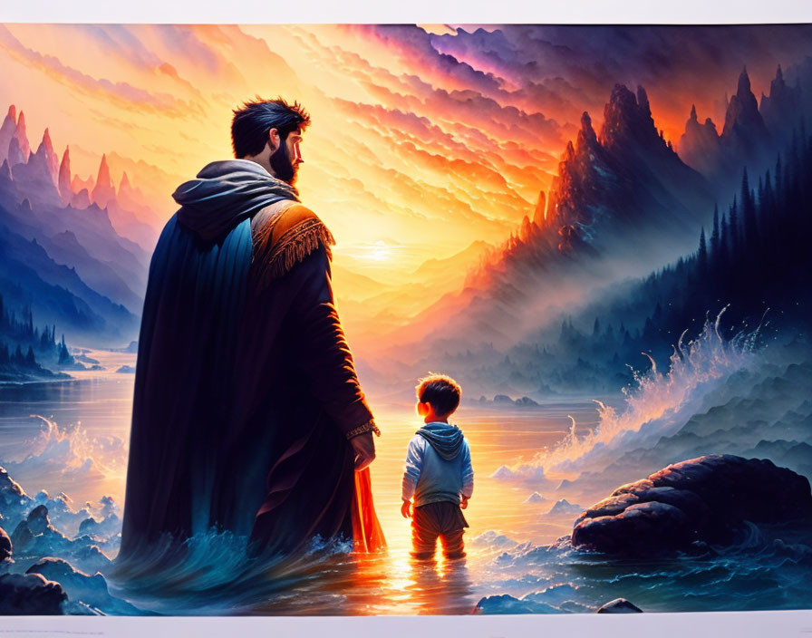 Man and child admire vibrant sunset over mountains at shore.