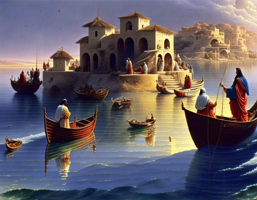 Tranquil Coastal Village Scene with Boats and White Buildings