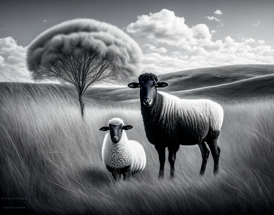 Monochromatic field with two sheep, tree, and cloudy sky