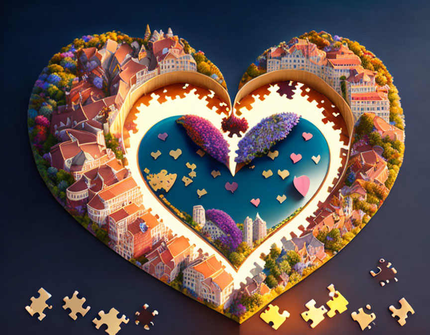 Heart-shaped puzzle-piece artwork featuring town landscape and floating islands on serene blue background