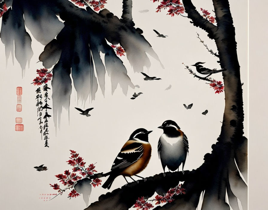 Birds perched on branch with red blossoms and Asian calligraphy on light background