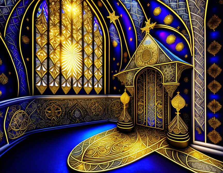 Intricate golden window and starry ceiling in digital art