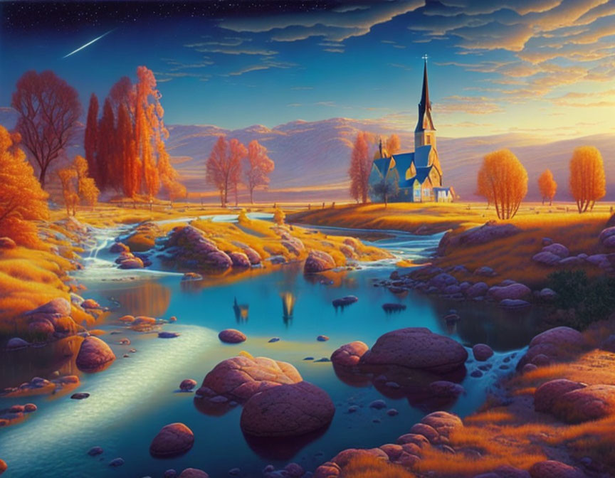 Church by serene river in lush landscape under dusk sky with shooting star