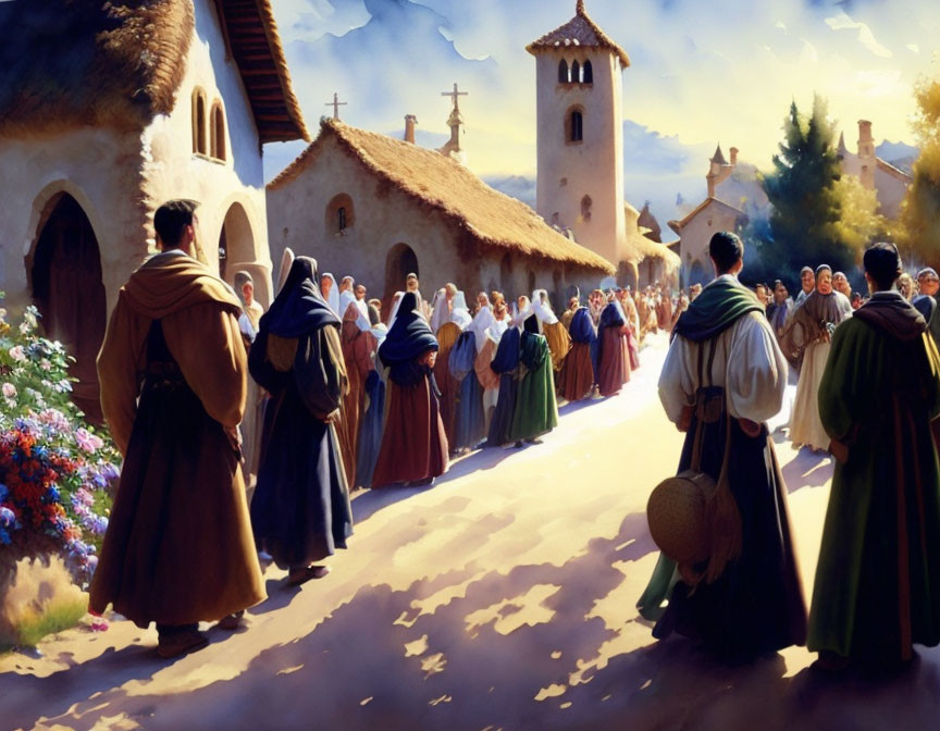 Sunlit village painting: monks and townspeople near church