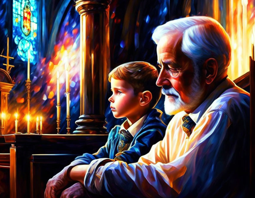 Elderly man and young boy in church with stained glass window light