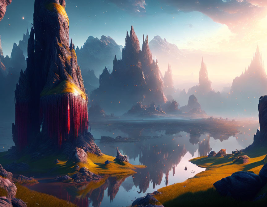 Majestic rock formations and waterfalls in serene fantasy landscape