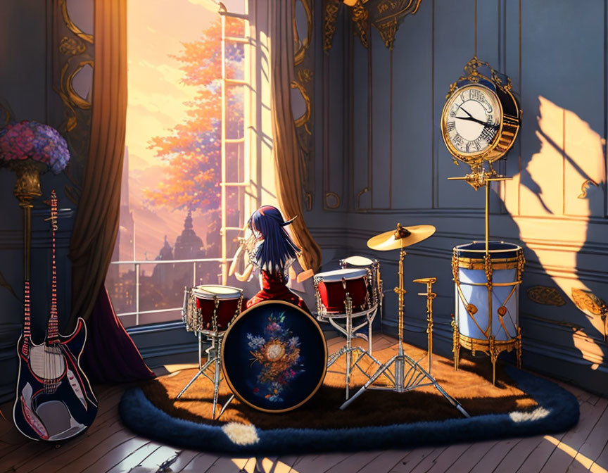 Blue-haired girl plays drum set in classic room with sunset view, guitar, and clock.